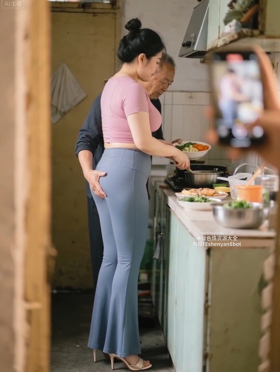 丈夫将微胖妻子推进老宅厨房，白发老人贴上身后